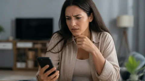 Pessoa segurando celular que vibra sem notificação visível
