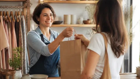 Empresária conversa com cliente durante um atendimento pós-venda