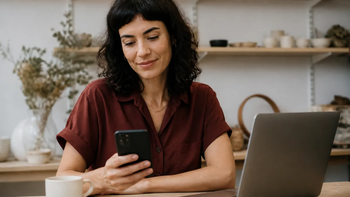 Empreendedora conferindo uma conversa comercial no celular