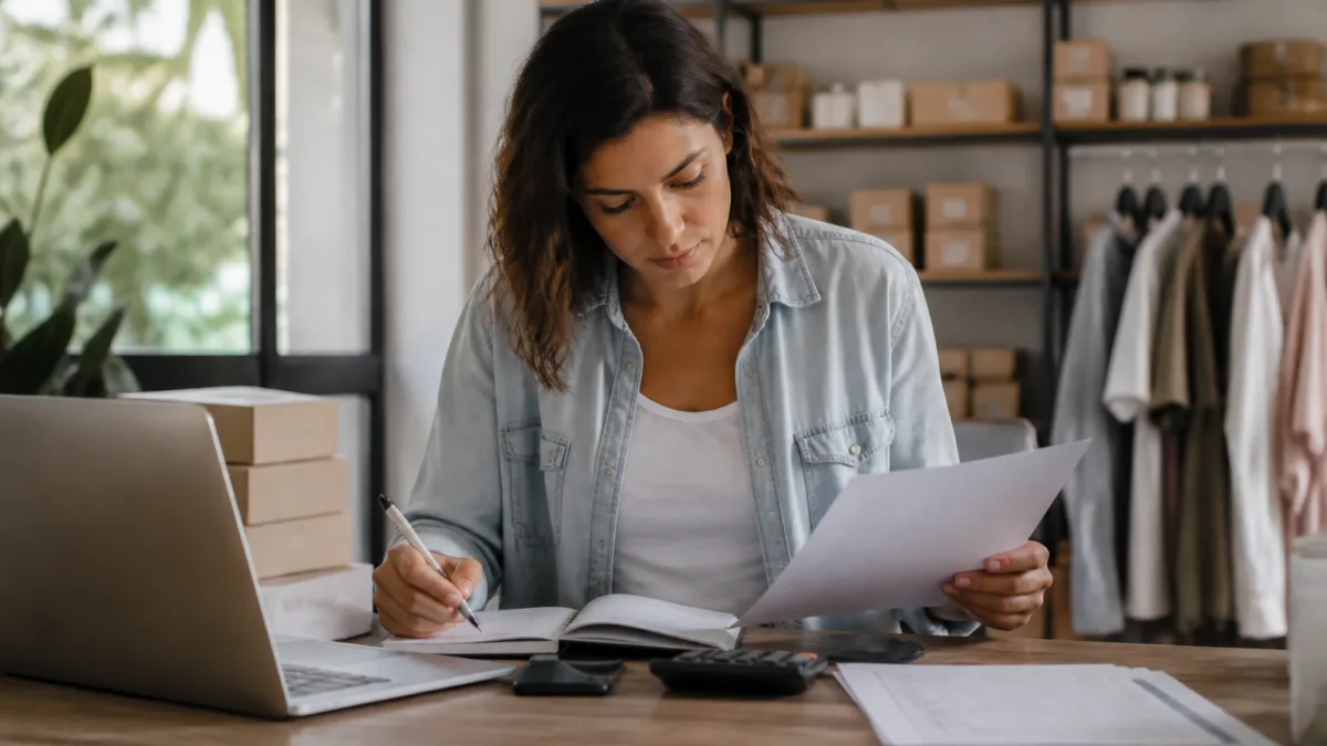 Empreendedora analisando custos e vendas de clientes