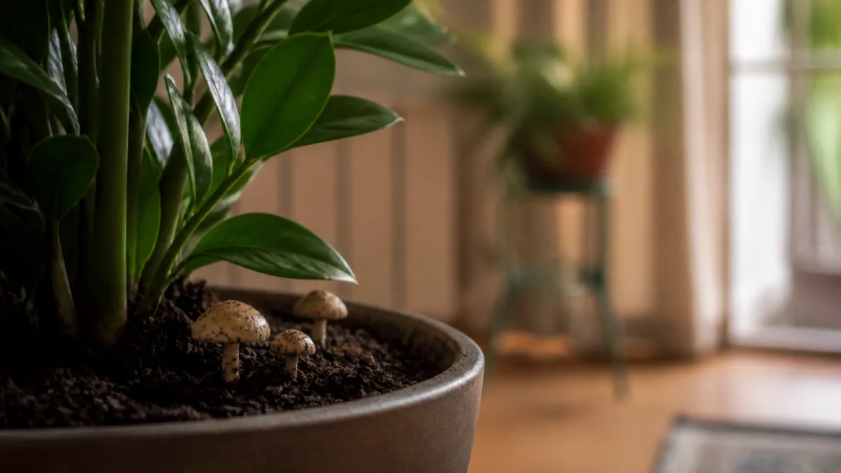 Pequenos cogumelos surgindo na terra de um vaso de planta
