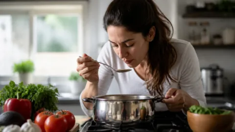 Pessoa corrigindo o sal de uma panela na cozinha