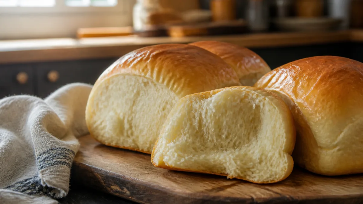 Pães aquecidos e macios sobre uma tábua de madeira