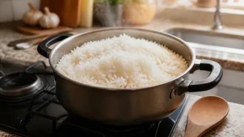 Arroz branco soltinho servido em uma panela
