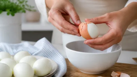 Ovos cozidos descascados ao lado de cascas e utensílios de cozinha
