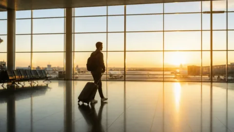 Viajante com mala no saguão de aeroporto ao amanhecer