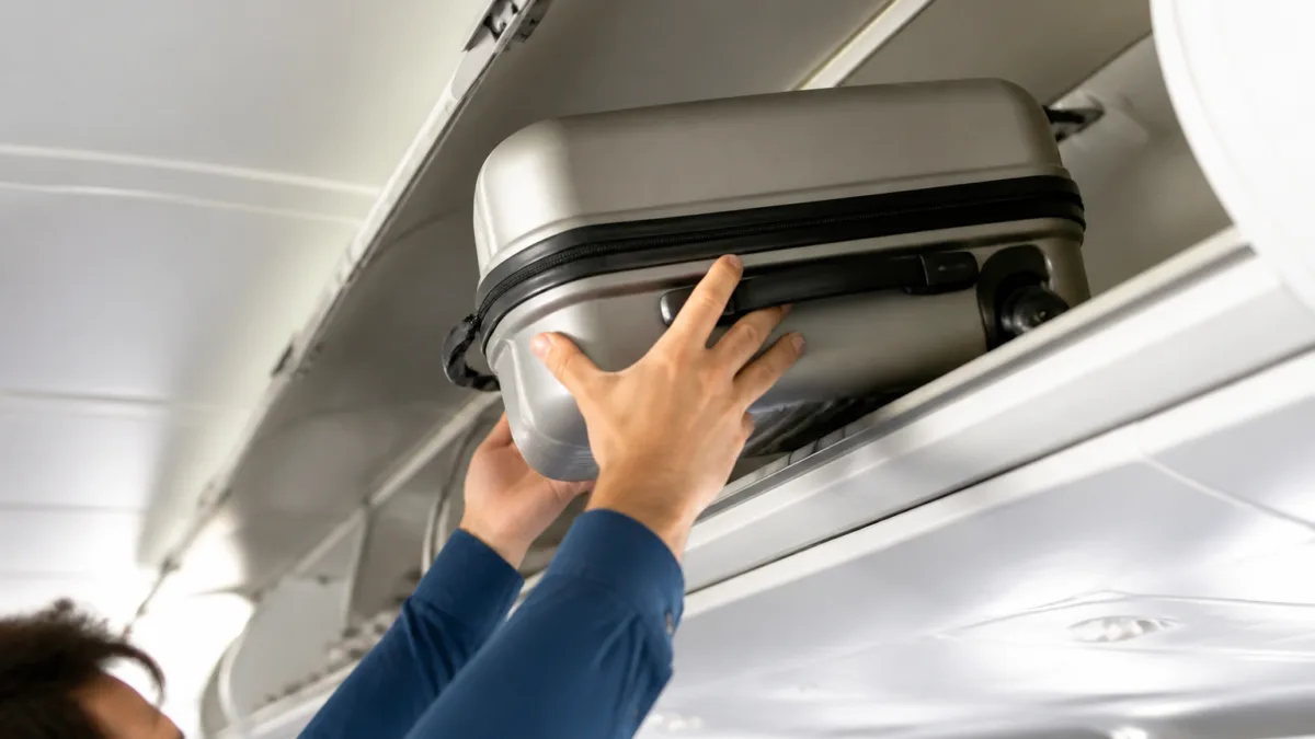 Mala de bordo sendo guardada no bagageiro de um avião