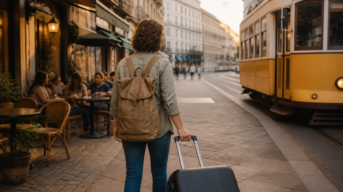 Viajante com mala caminhando por um bairro urbano desconhecido