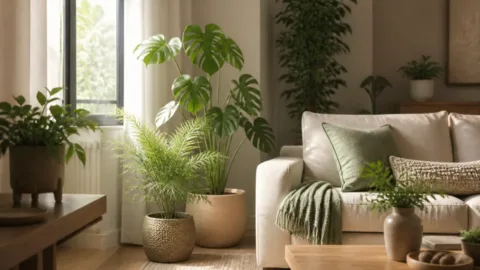 Plantas em vasos posicionadas perto de uma janela em uma sala iluminada