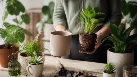 Pessoa escolhendo vasos de tamanhos diferentes para plantas