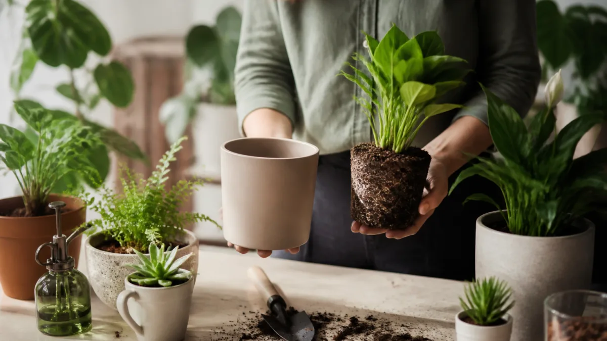Pessoa escolhendo vasos de tamanhos diferentes para plantas