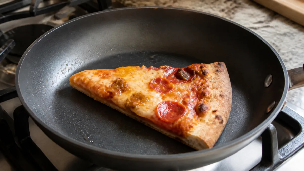 Fatia de pizza sendo aquecida na frigideira