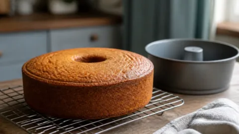 Bolo caseiro esfriando sobre uma grade após sair do forno