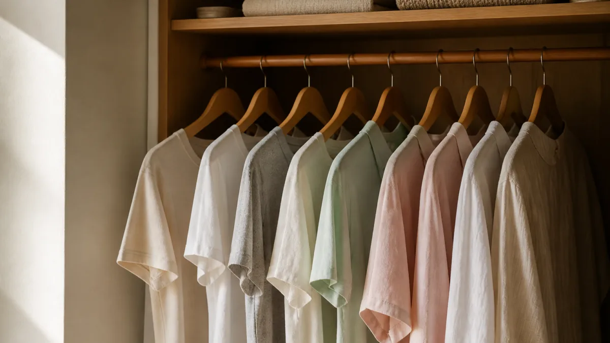 Camisetas e blusas organizadas em cabides dentro do armário
