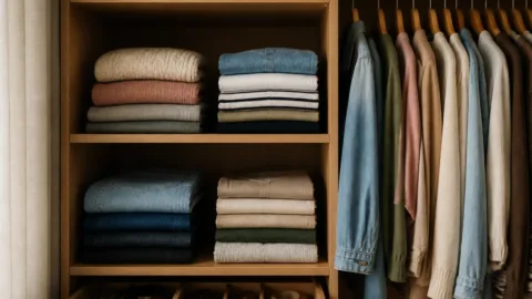 Roupas dobradas e organizadas em um guarda-roupa