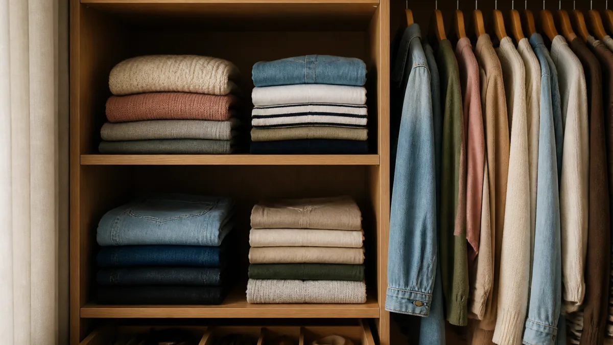 Roupas dobradas e organizadas em um guarda-roupa