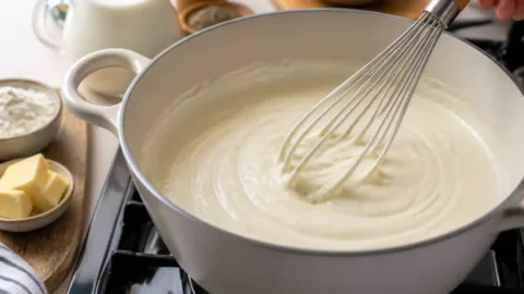 Molho branco cremoso sendo mexido em uma panela