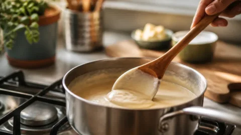 Molho cremoso sendo mexido delicadamente em uma panela