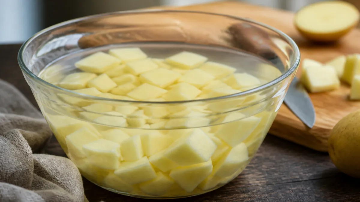 Batatas cortadas mergulhadas em água antes do preparo