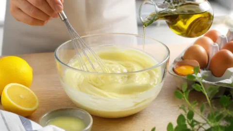 Preparo de maionese caseira cremosa em uma tigela