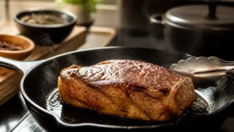 Bife dourando em frigideira bem aquecida