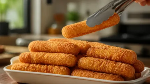 Queijo empanado dourado e inteiro servido em uma travessa