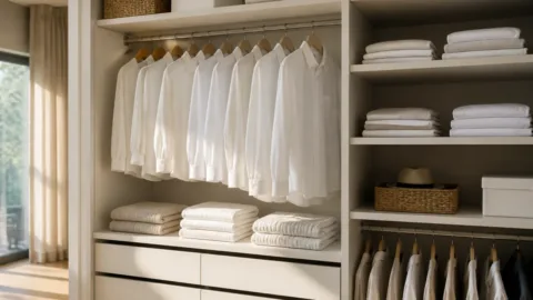 Roupas claras organizadas em um armário arejado