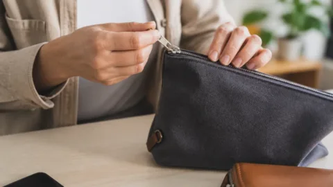 Pessoa cuidando do zíper de uma bolsa