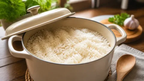 Panela com arroz branco soltinho e grãos separados