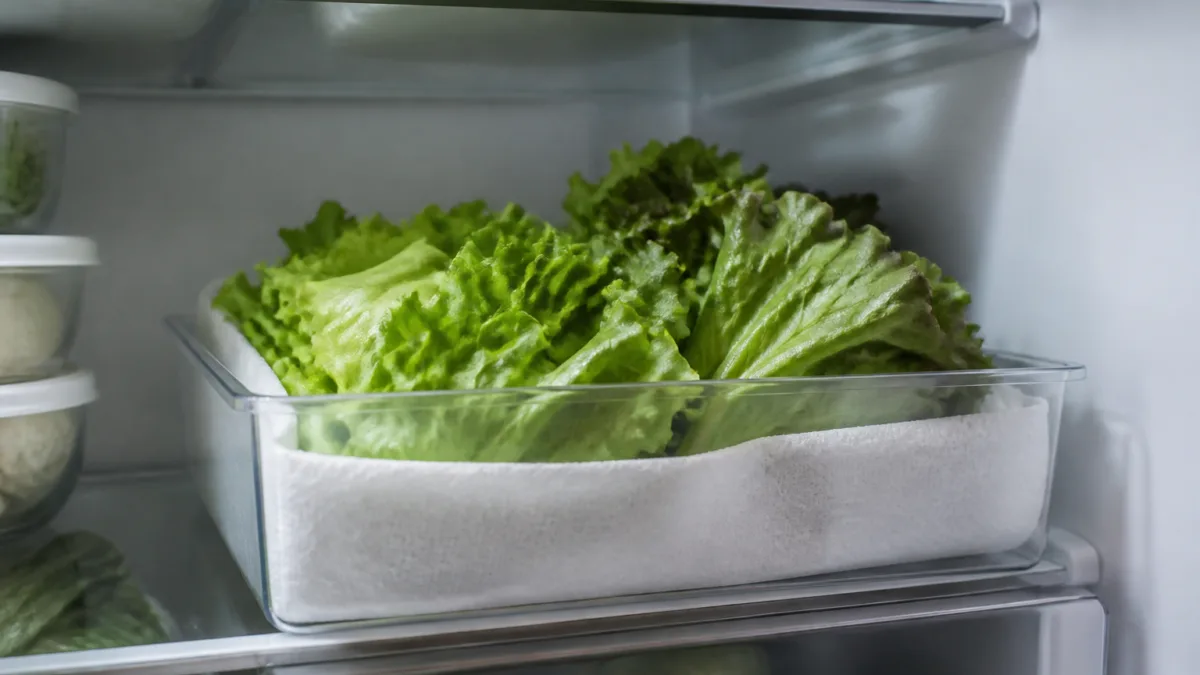 Folhas de salada lavadas e armazenadas em recipiente na geladeira