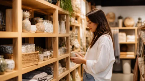 Produtos complementares organizados em uma pequena loja