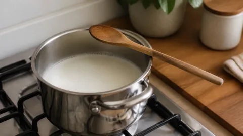 Panela com leite aquecendo em fogo baixo no fogão