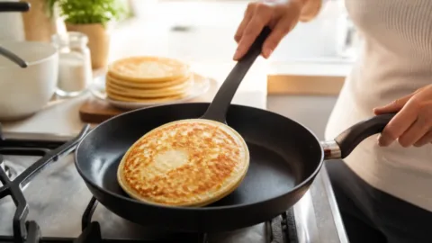 Pessoa virando uma panqueca inteira na frigideira