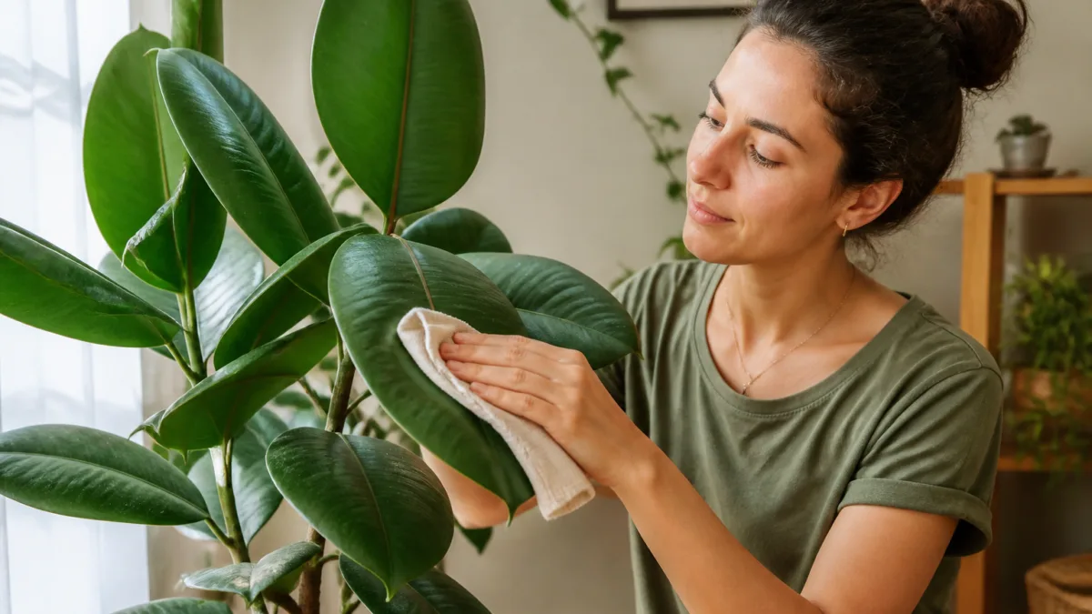 Pessoa limpando as folhas de uma planta ornamental com pano macio