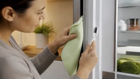 Pessoa limpando a borracha da porta da geladeira