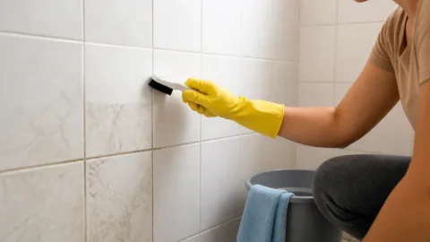 Pessoa limpando rejunte de azulejos com uma escova pequena