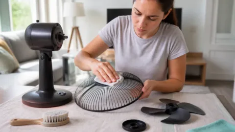 Pessoa limpando um ventilador sobre uma bancada protegida