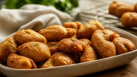 Alimentos fritos dourados em uma travessa com grade de resfriamento