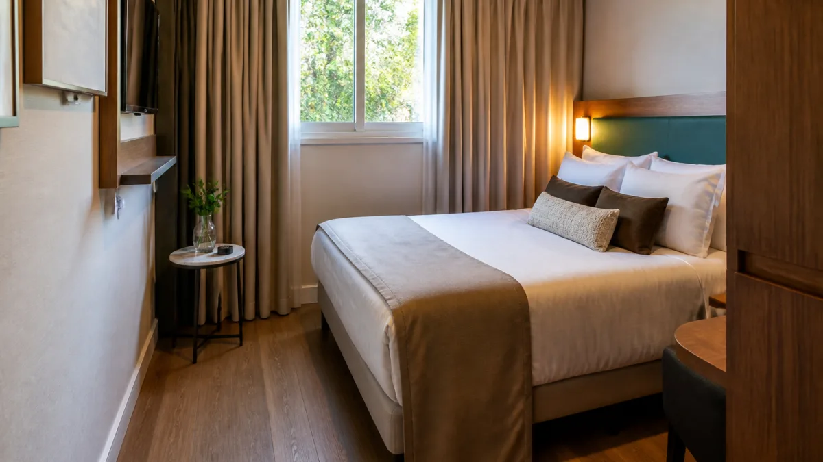 Quarto de hotel compacto visto a partir da porta