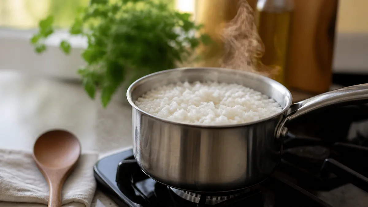Panela com arroz sendo aquecido no vapor para recuperar a maciez