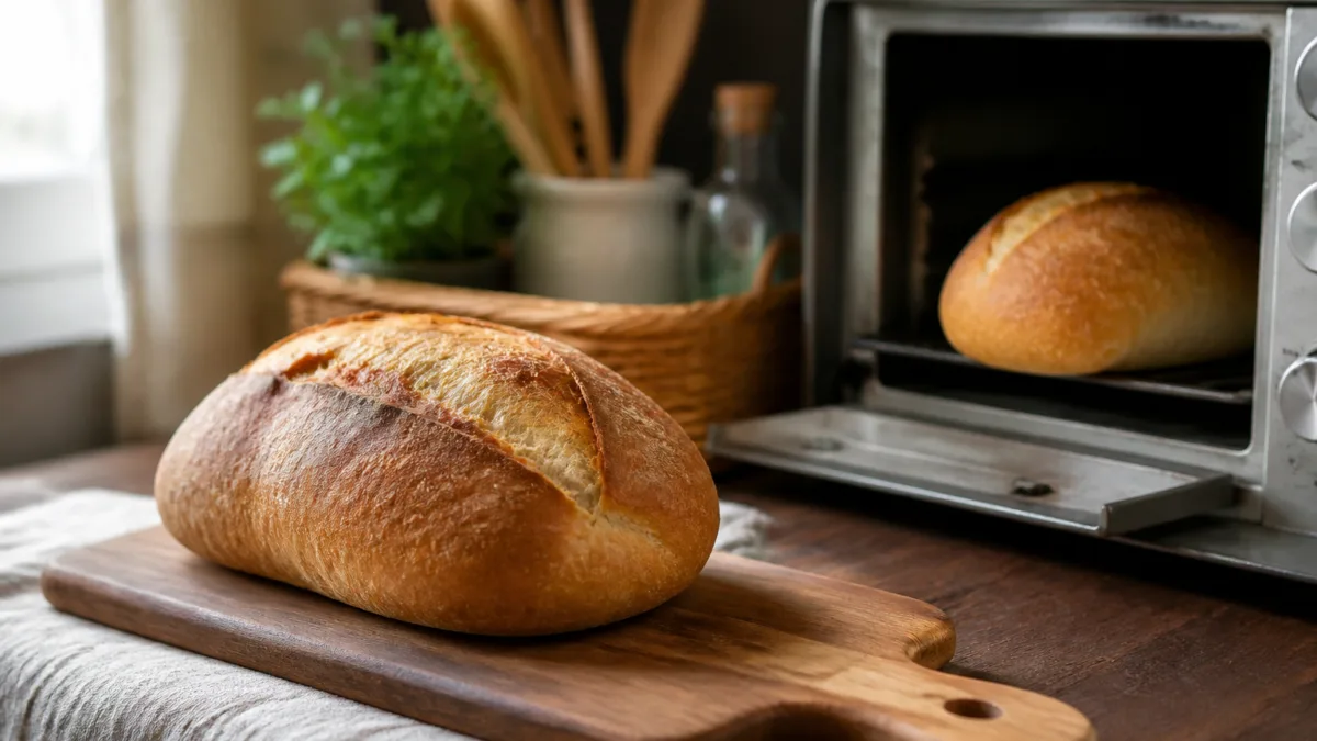 Pães recuperados e dourados sobre uma tábua de cozinha