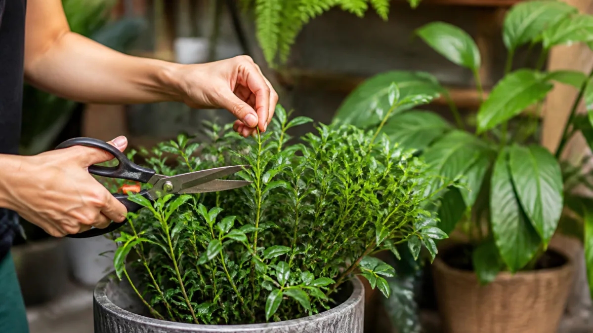 Pessoa podando galhos finos de uma planta ornamental