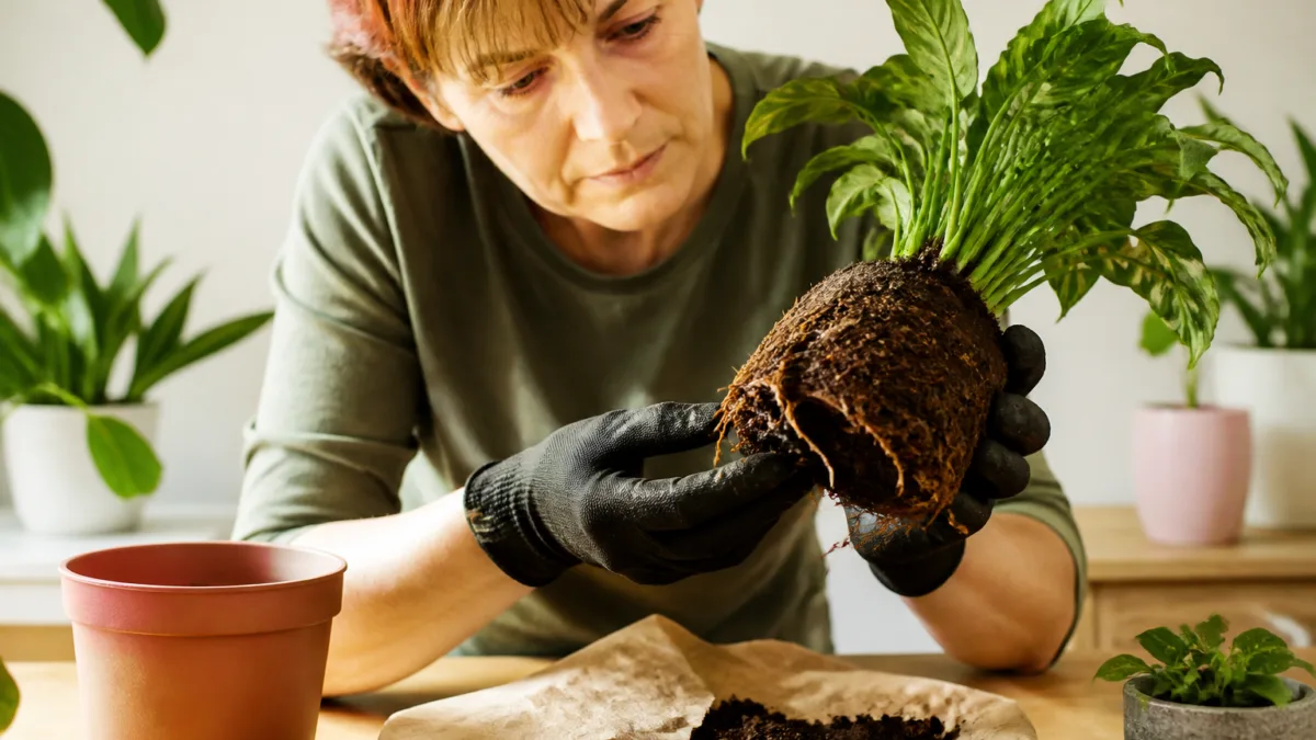 Pessoa examinando as raízes de uma planta retirada do vaso