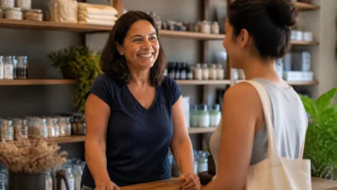 Empresária conversa com cliente que voltou à loja