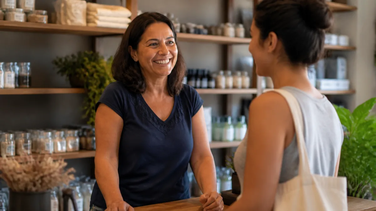 Empresária conversa com cliente que voltou à loja