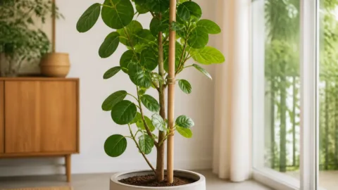 Planta alta apoiada por tutor de bambu em vaso