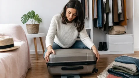 Pessoa pesando uma mala de viagem em casa