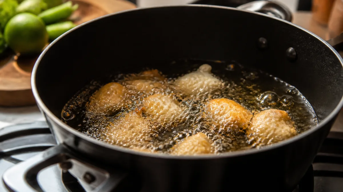 Panela com óleo quente sendo usada para fritar alimentos
