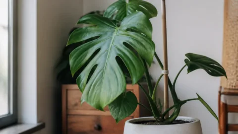 Planta com caule inclinado apoiado por tutor de bambu