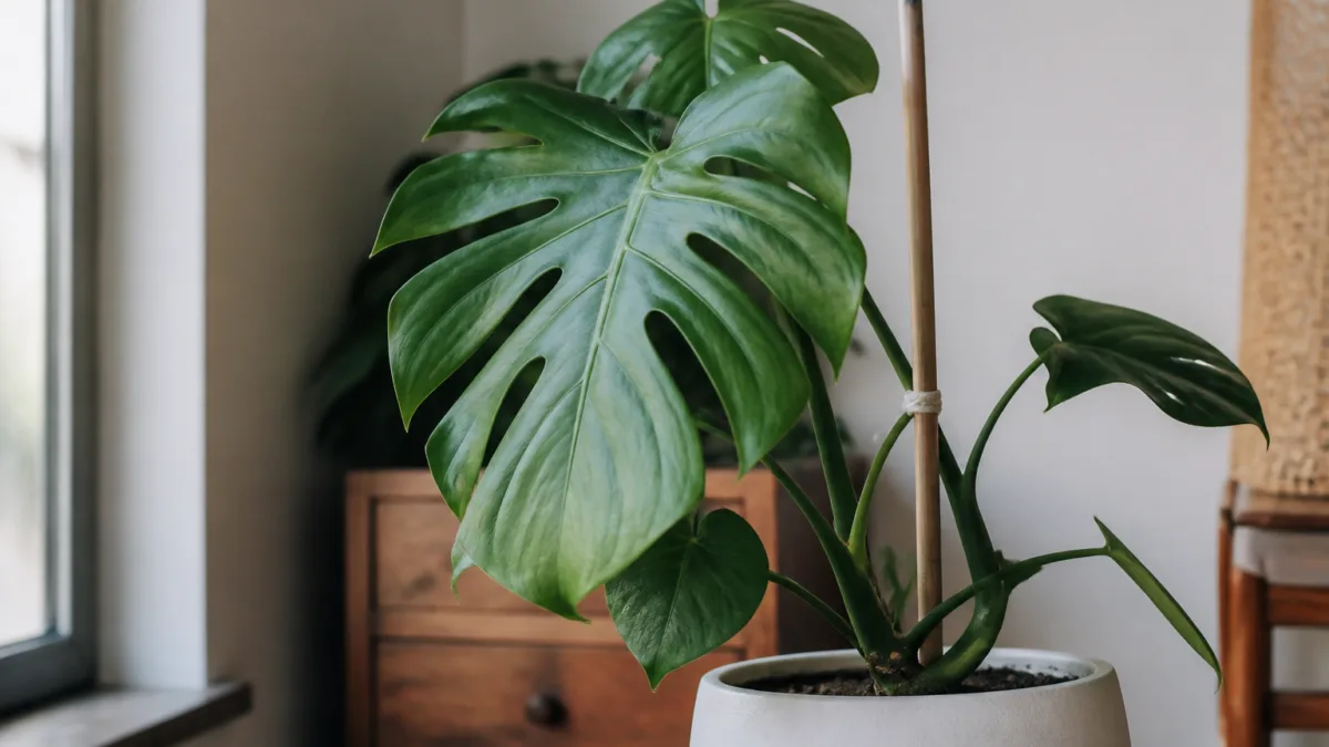Planta com caule inclinado apoiado por tutor de bambu
